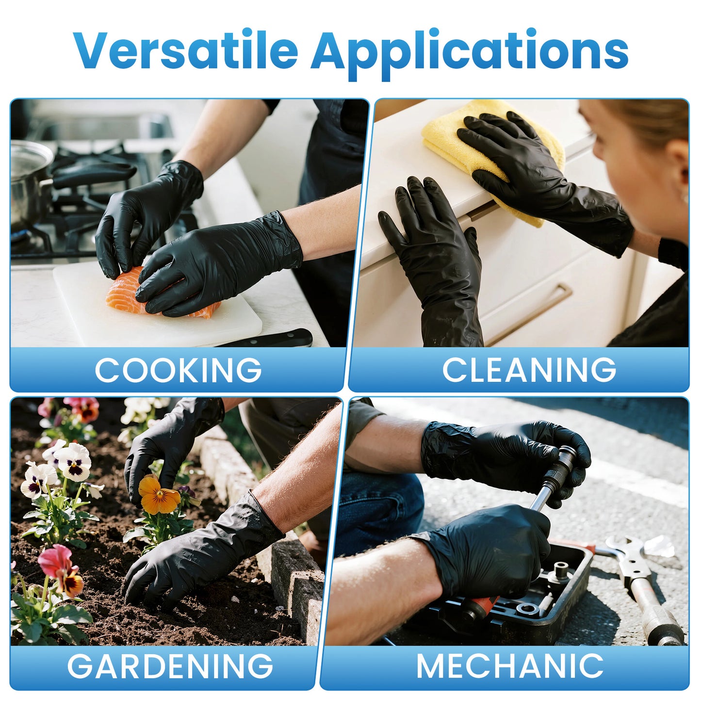 Guantes Desechables de Nitrilo Negro Borje®, Sin Látex y Sin Polvo, Aprobados para Alimentos, Punta Texturizada, Limpieza